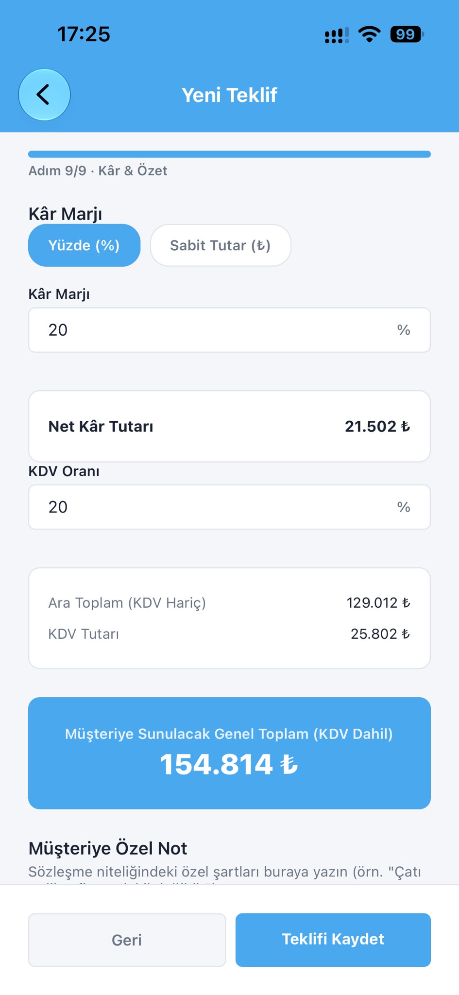 Yeni teklif kâr ve özet ekranı