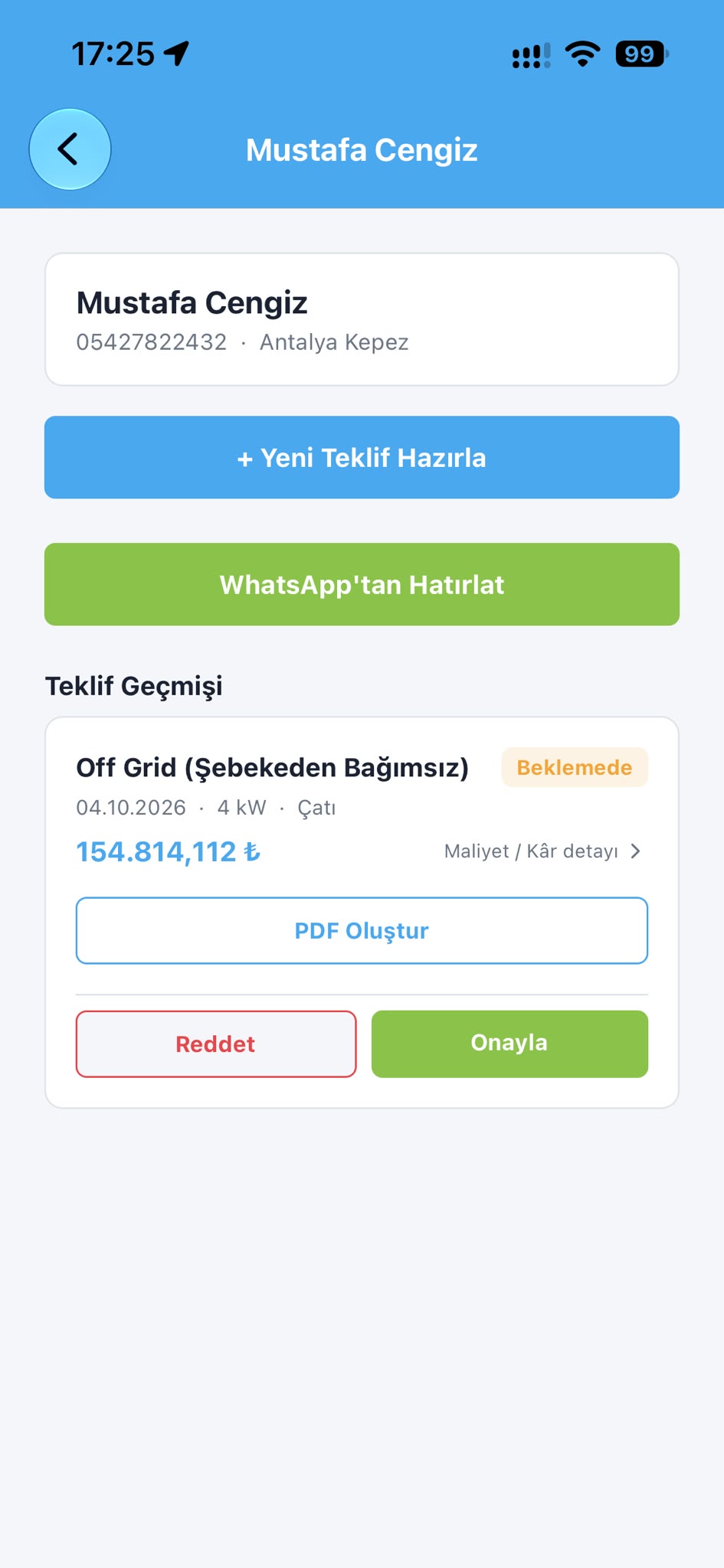 Digital Solar Desk müşteri ve teklif geçmişi ekranı