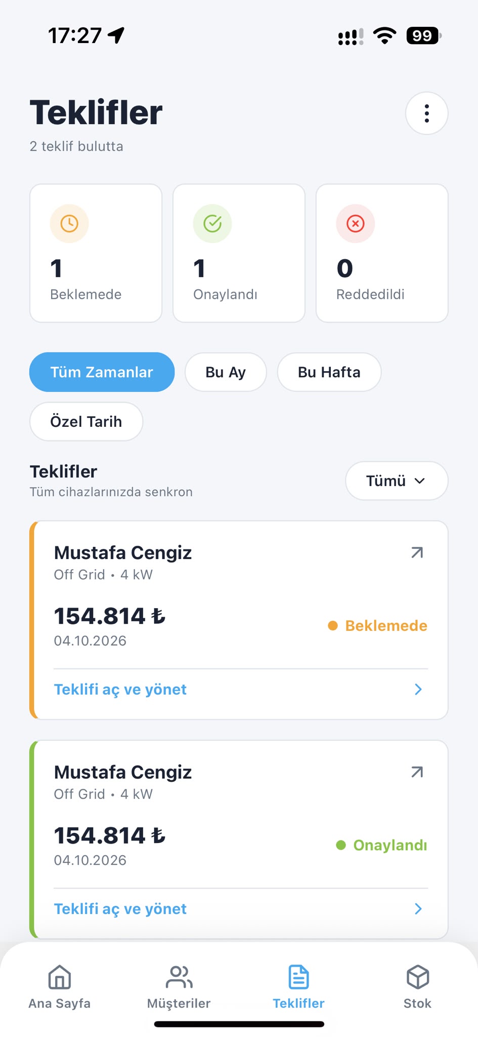 Teklifler listesi ekranı